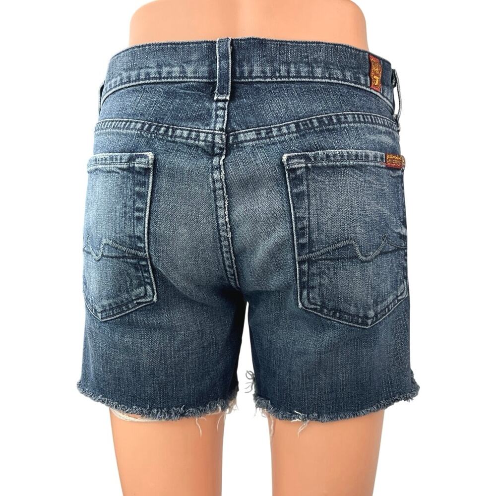 7 For All Mankind Dark Wash Low Rise Frayed Hem Cut Off Denim Jeans Shorts 27 - Picture 3 of 5